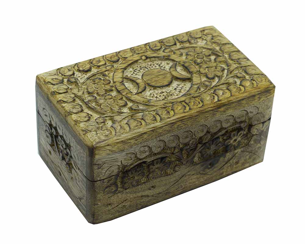 Carved Wooden Box Triple Moon 5" x 3"