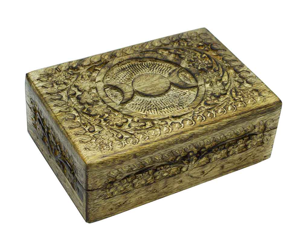 Carved Wooden Box Triple Moon 7" x 5"