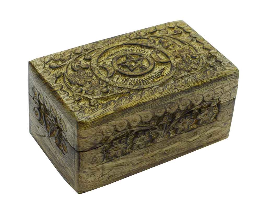 Carved Wooden Box Triple Moon Pentagram 5" x 3"