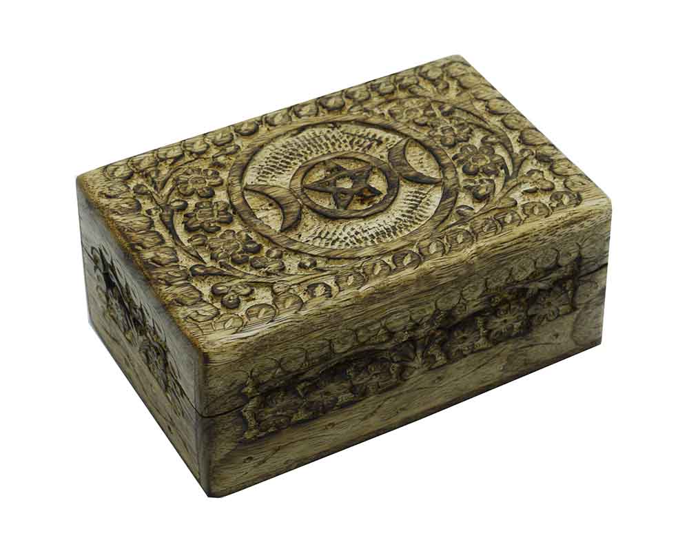 Carved Wooden Box Triple Moon Pentagram 6" x 4"