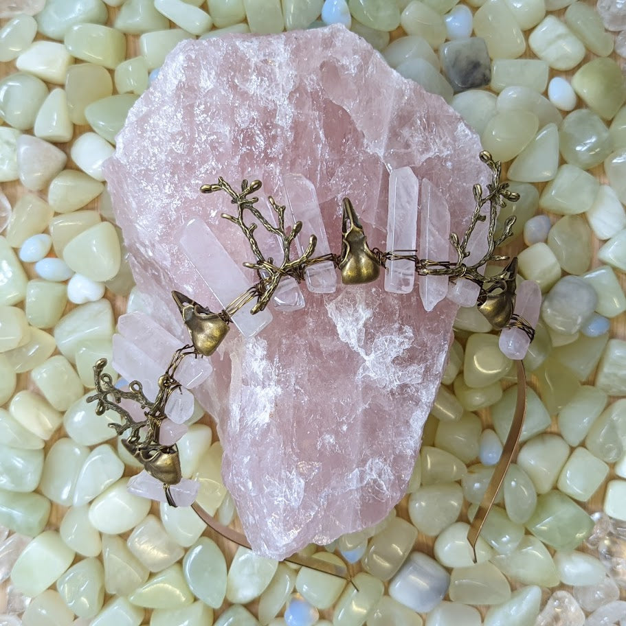 Crow Skull Rose Quartz Crystal Crown