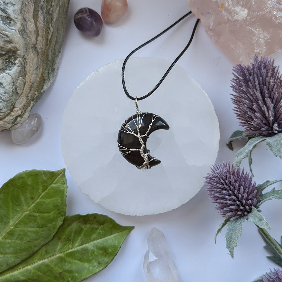 Obsidian Moon Tree Of Life Pendant Necklace