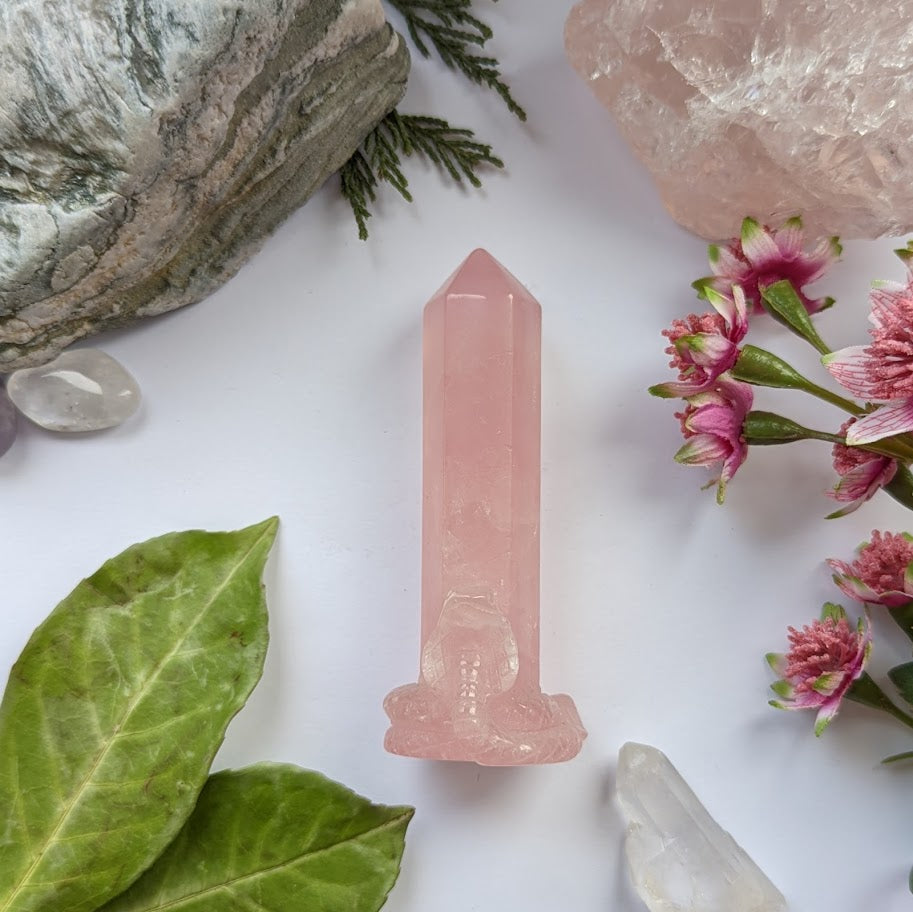 Rose Quartz Point with Snake