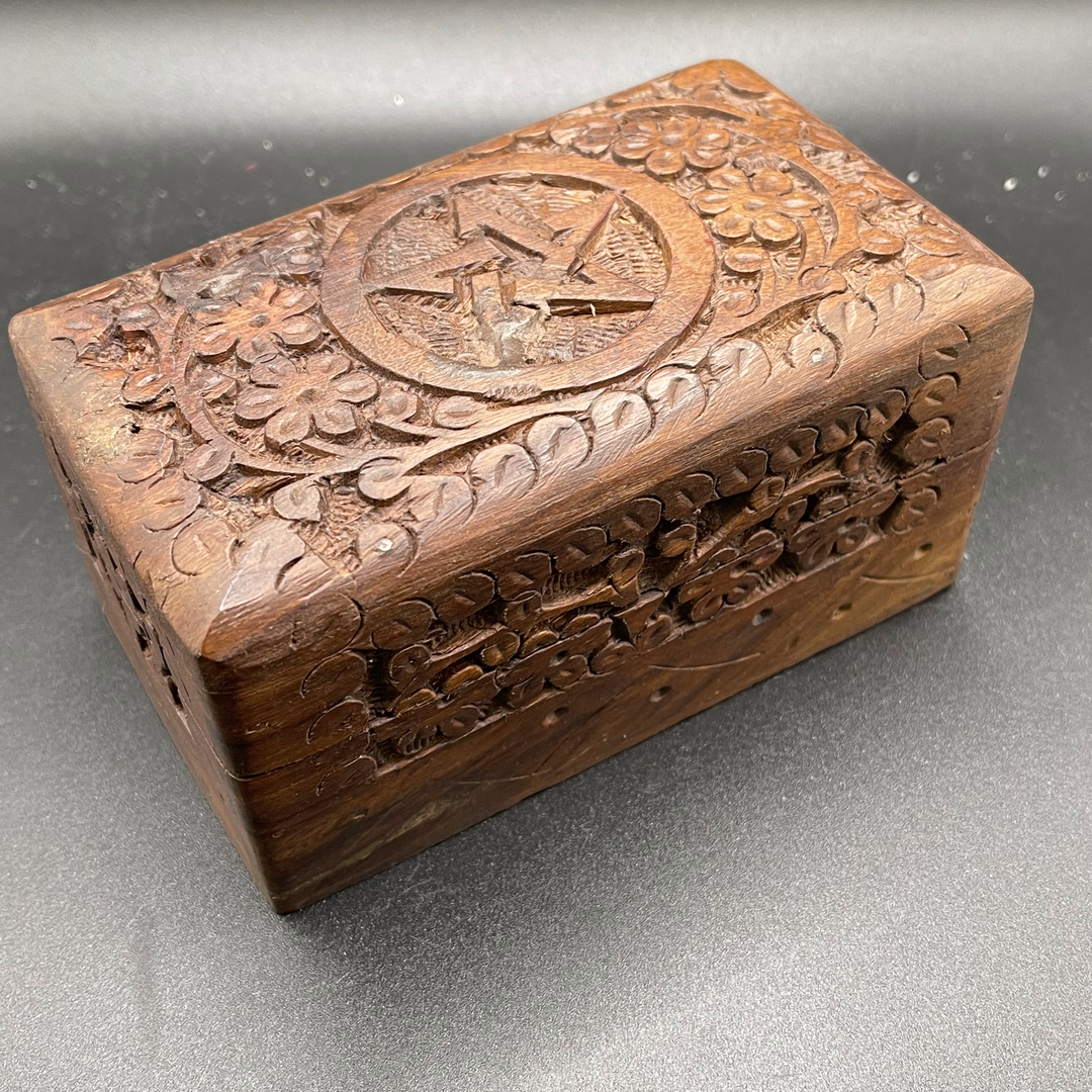 Carved Wooden Box Pentagram 5" x 3"