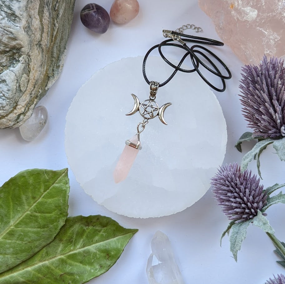 Triple Moon Rose Quartz Pendant Necklace