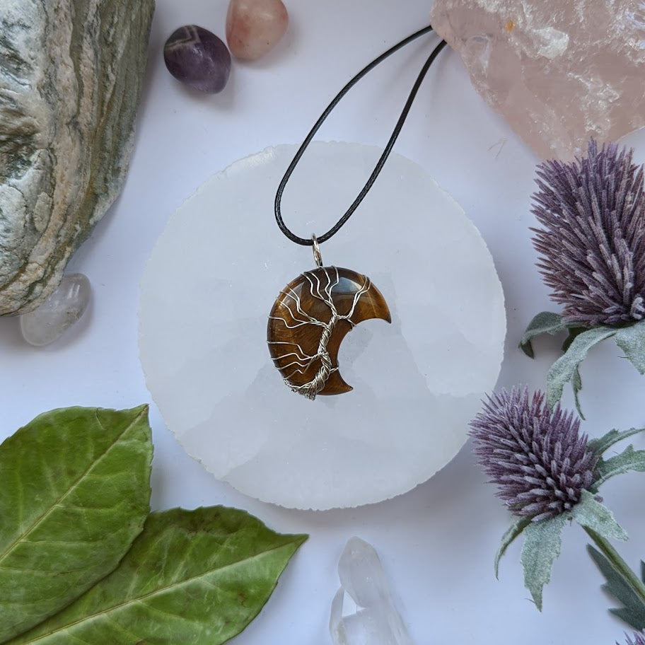 Tiger Eye Moon Tree Of Life Pendant Necklace