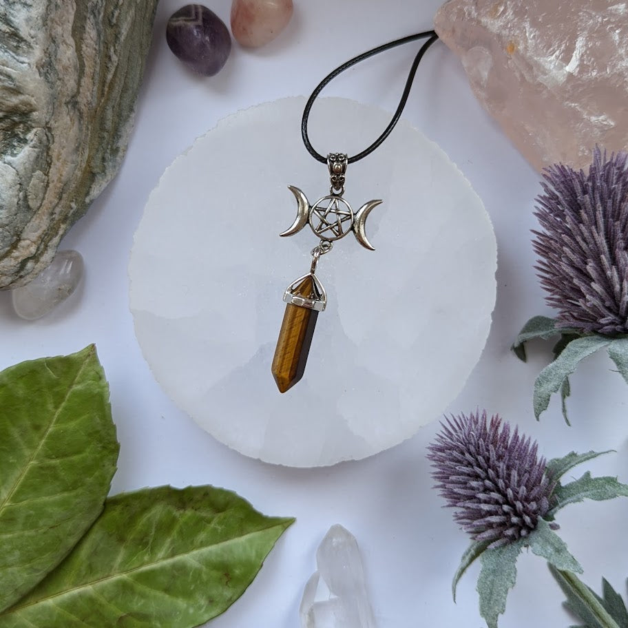 Triple Moon Tiger Eye Pendant Necklace